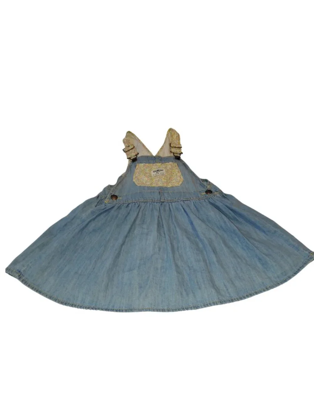 OshKosh B’gosh Girls 3T Denim Overall Jumper Dress Floral Pocket & Straps